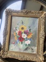 Blumenstillleben Gemälde, Vintage mit Goldrahmen, signiert