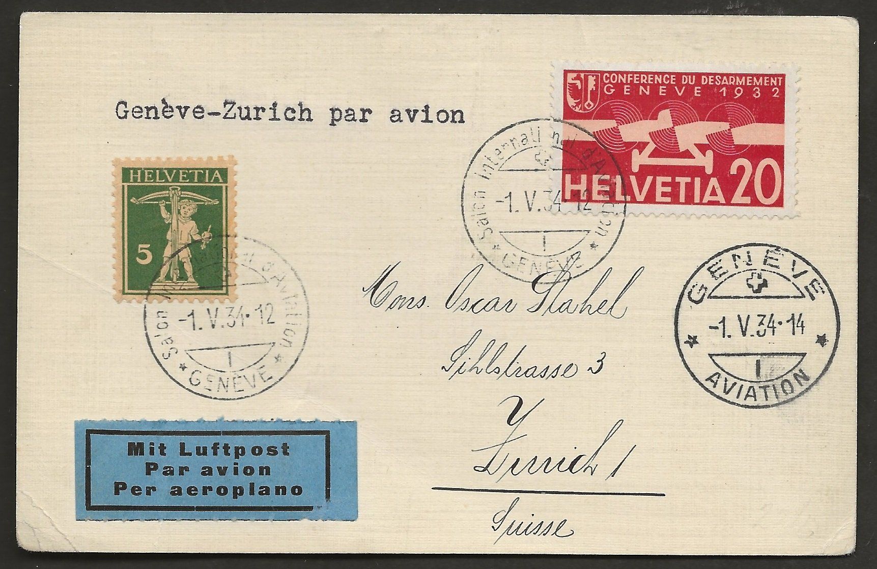 Tutti i francobolli: Flugpost Schweiz 1934 Genf Basel Zürich – Usato da Au ZH venduto da xelagreb01