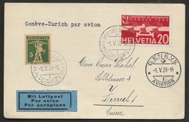 Flugpost Schweiz 1934 Genf Basel Zürich