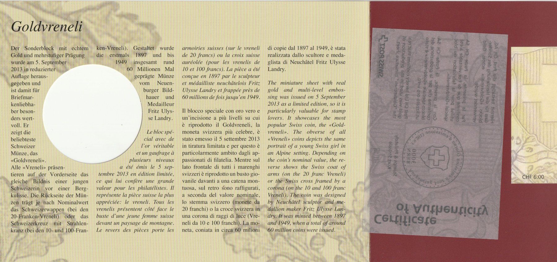 Tutti i francobolli: 2 x Sonderblock "Goldveneli", auf FDC und Geschenkfolder – Usato da Turgi venduto da Mato8 1