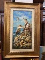 Tableau Huile sur Toile Signé - Scène de Plage Encadré 50x70