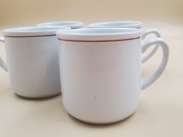 4 petites tasses à café blanches, bordure bordeaux, Tognana