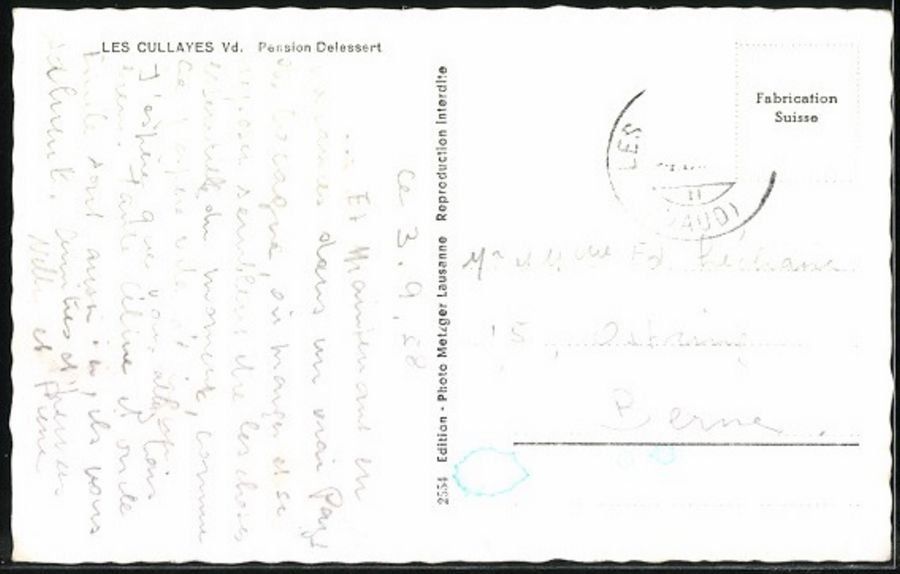 Cartoline postali: Les Cullayes, Pension Delessert, circulée 1958 – Usato da Frauenfeld venduto da POML 1
