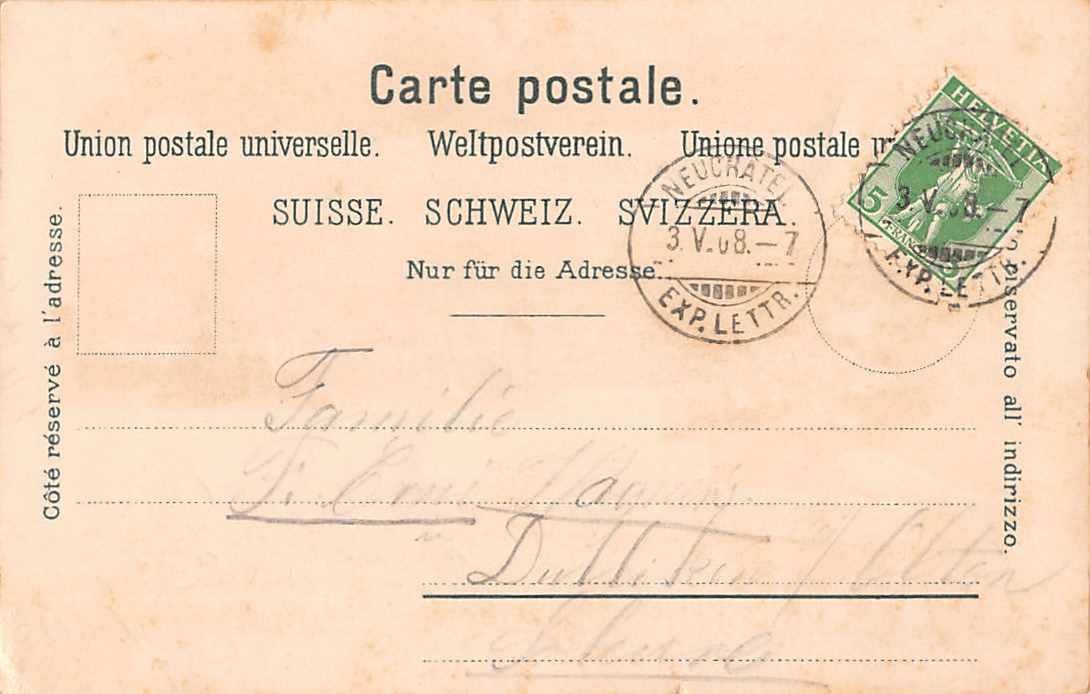 Ansichtskarten: SOUVENIR de NEUCHATEL - Lithographie 1898 – Gebraucht aus Lufingen von TopAnsichtskarten 1