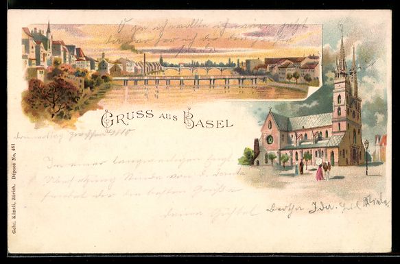Ansichtskarten: Litho Basel, Kirche und Flusspartie mit  – Gebraucht aus Berlin von bartko-reher