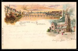 Litho Basel, Kirche und Flusspartie mit 