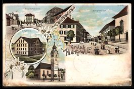Lithographie Huttwil, Bahnhofstraße, Hauptstraße, Schulhaus,