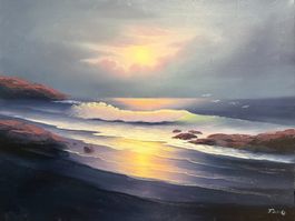 40x30/ handgemaltes Ölgemälde Strand Meer Sonnenuntergang