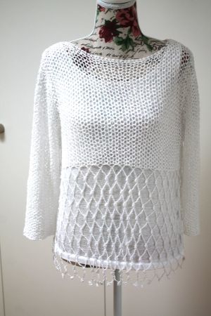 Damen Strick Pullover weiss Netzmuster gehäkelt Cut out