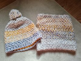 Mütze & Loop, gestreift, beige, gelb, blau