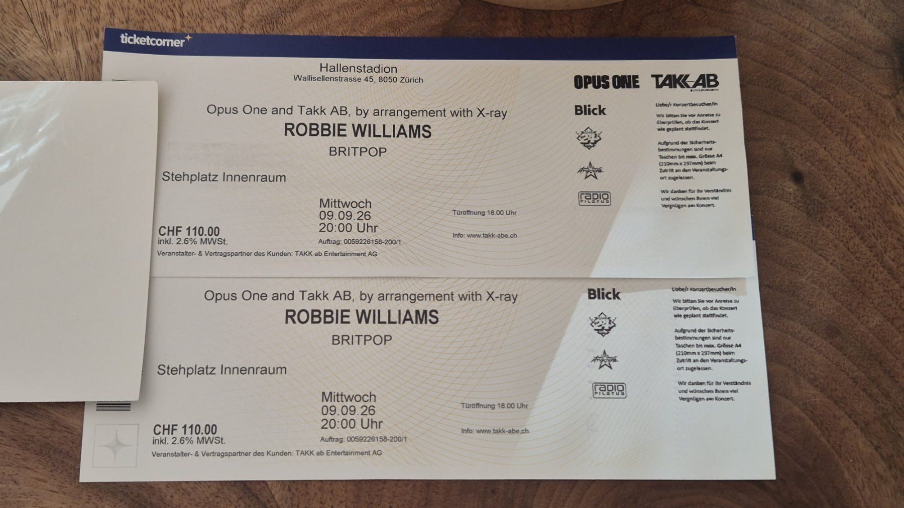 Tickets: Robbie Williams Konzert – Neu und originalverpackt aus Zürich von ravst