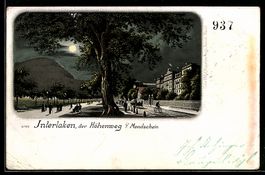 Lithographie Interlaken, Strasse Höheweg mit Bäumen u. Radfa