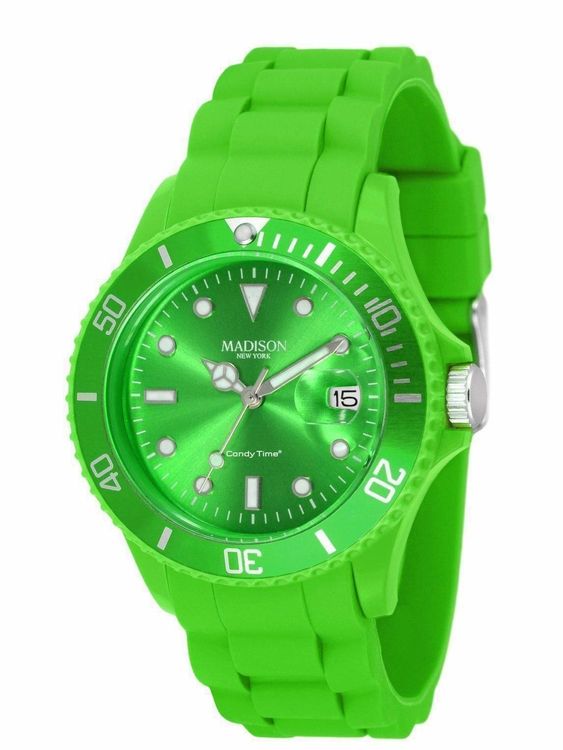 Madison New York Candy Limited Edition U4484G – Orologio Unisex Al Quarzo Con Cinturino In Gomma Verde E Cassa Bianca