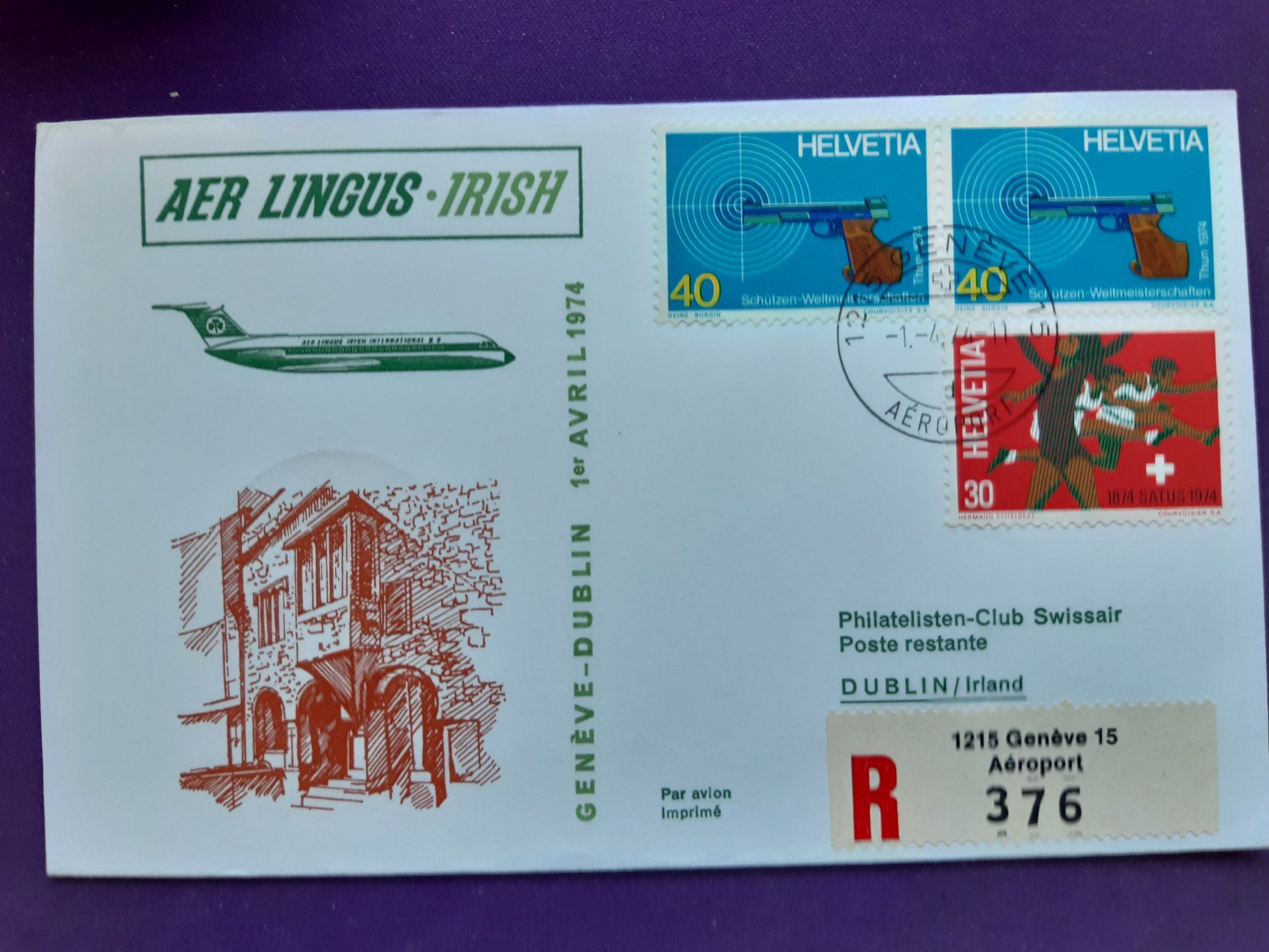 Alle Briefmarken: Flugbrief eingeschrieben von GENF nach DUBLIN 1974 – Gebraucht aus Wangs von weisstannen01