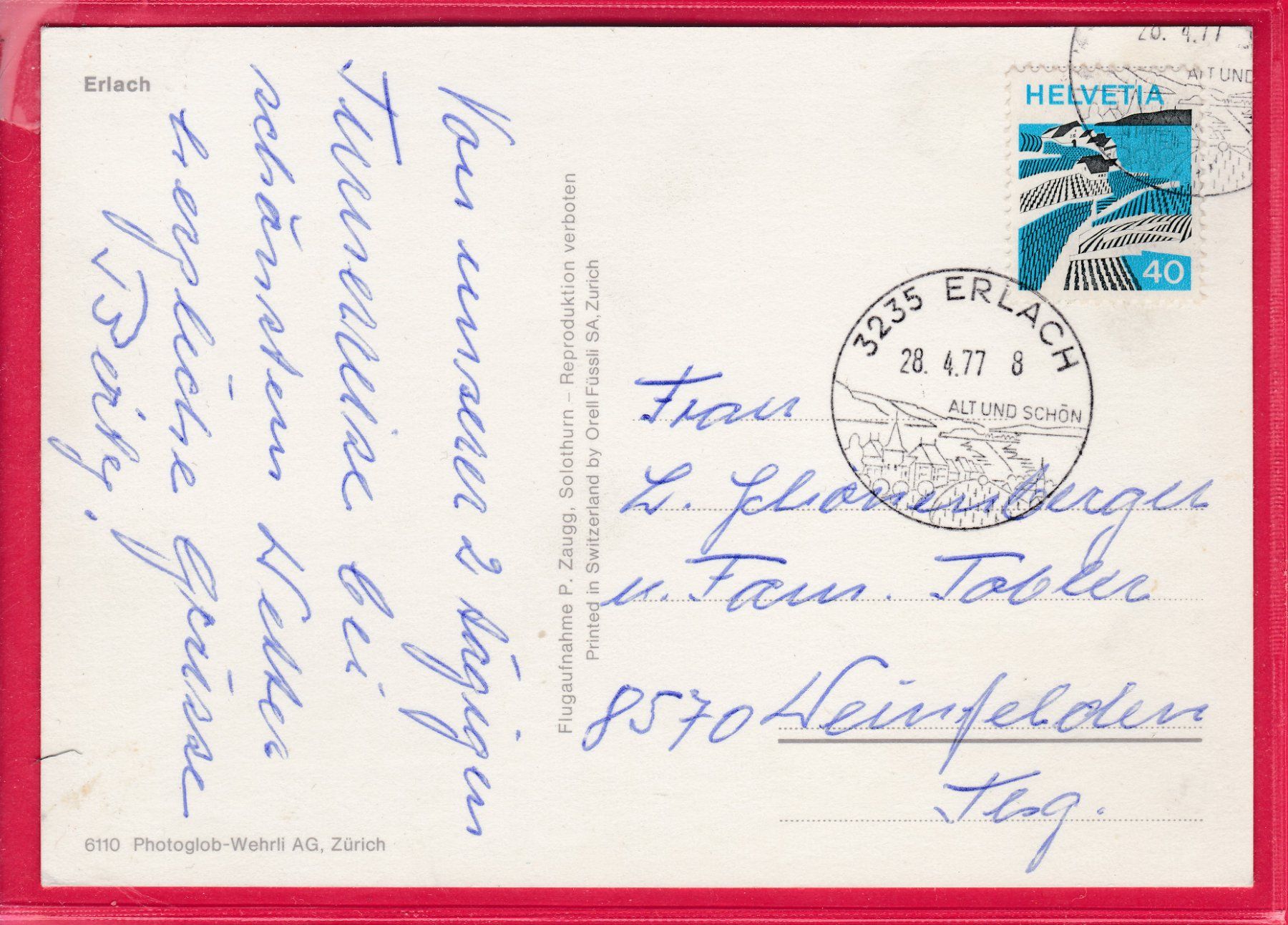 Cartes postales: ERLACH, 28.4.1977 – D'occasion à Oberrieden par Gebirgsstelze 1