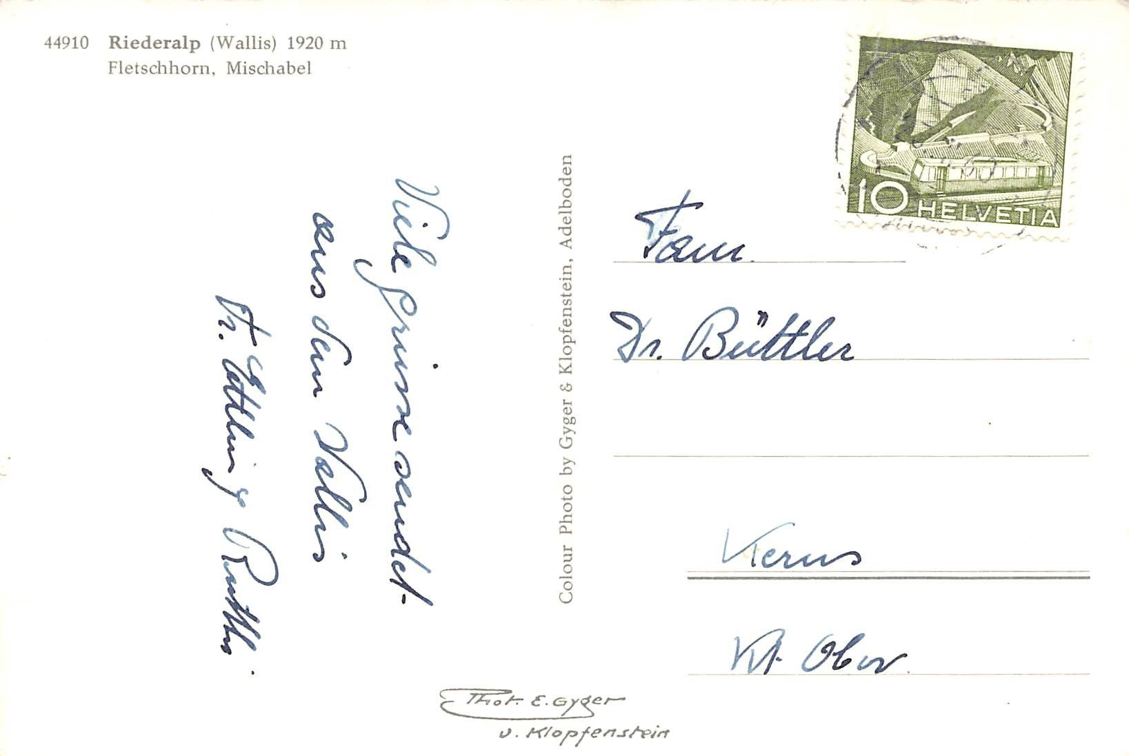 Cartoline postali: Riederalp, E. Gyger – Usato da Ottikon b.Kemptth. venduto da Neptun1974 1