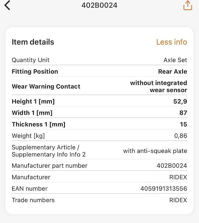 Tutti pezzi di ricambio auto: Bremsbelag-Set von Ridex neu – Usato da Egg b. Zürich venduto da e34525i 2