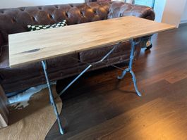ANTIKER GUSSEISEN METALL TISCH, NEUE EICHEN MASSIVHOLZPLATTE