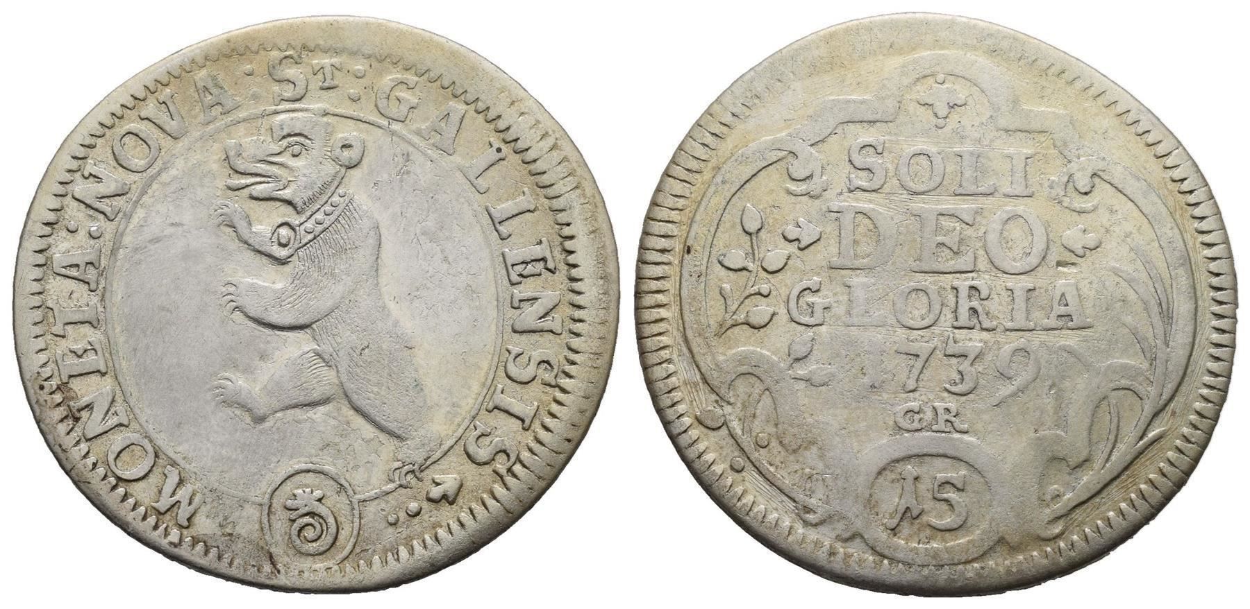 Tutti le monete: St. Gallen 15 Kreuzer 1739  /197 – Usato da Trimbach venduto da Solothurn1