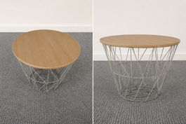 Table basse ronde – plateau bois & structure métal filaire
