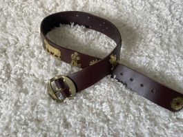Ceinture suisse en cuir marron motifs dorés taille 80