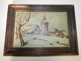 Kunst Ölgemälde kleine Winterlandschaft - Gemälde   30 x 22