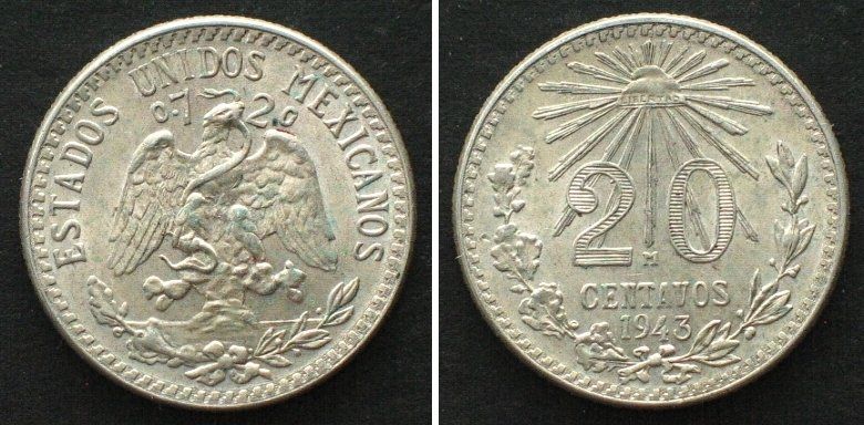 Tutti le monete: MEXICO. 20 Centavos 1943, silver, UNC unz – Usato da Riehen venduto da sesambestcoins2004