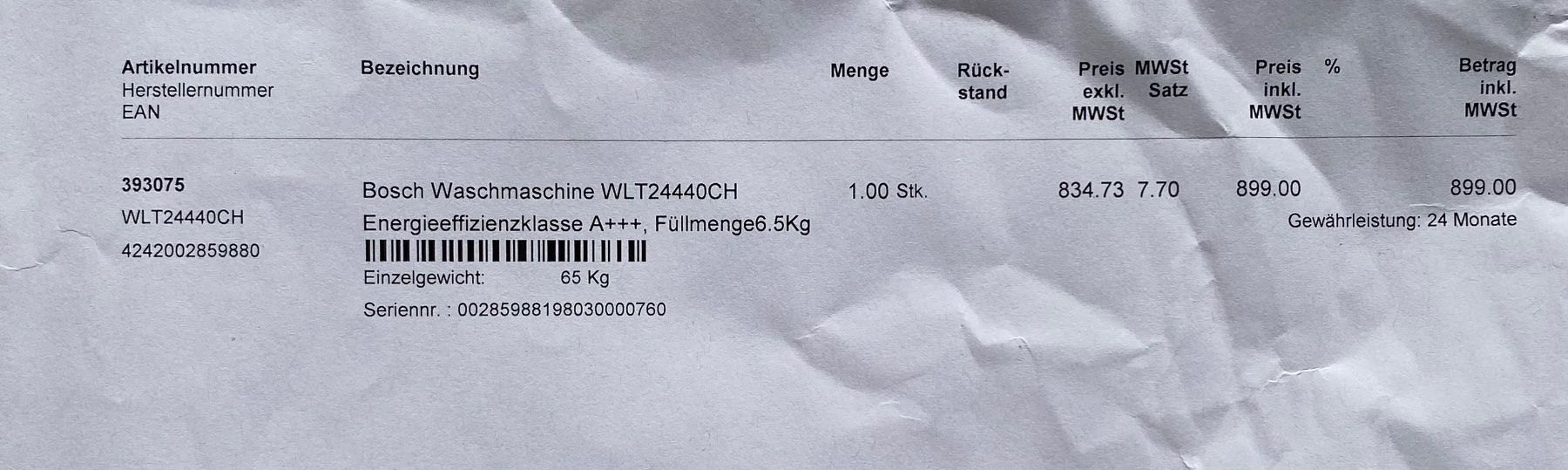 Bosch Lavatrici: BOSCH-Waschmaschine WLT24440CH – Usato da Kestenholz venduto da Dhira 1