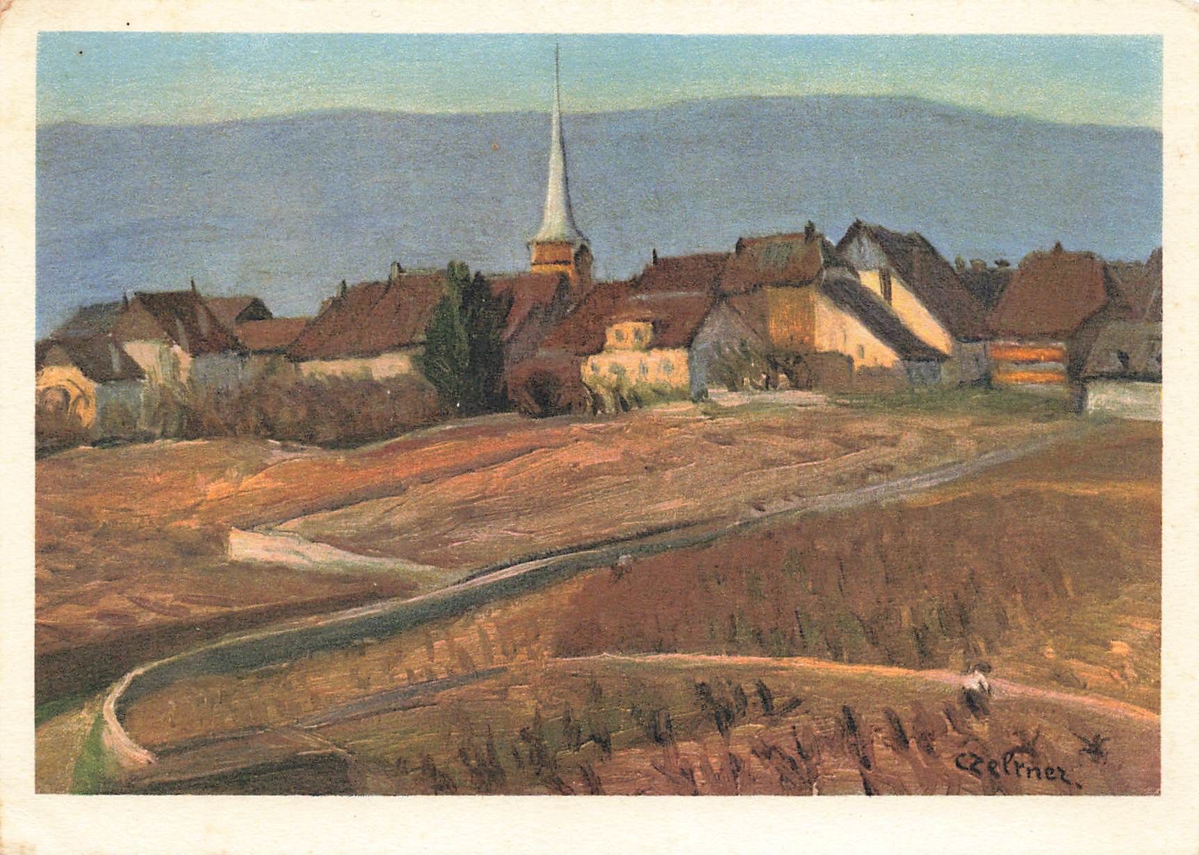 Cartoline postali: Cortaillod NE – Dorfblick mit Kirche, Gemälde G – Usato da Biasca venduto da Blenio71
