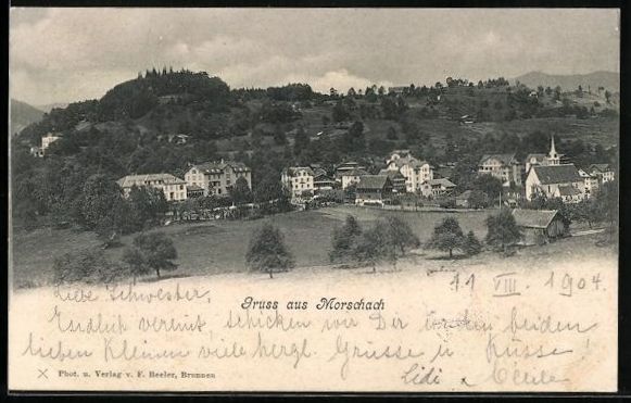 Cartoline postali: Morschach, Ortsansicht mit bewaldetem H – Usato da Berlin venduto da bartko-reher