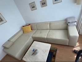 Beiges Echtleder-Ecksofa / Ledersofa – 290 × 193 cm