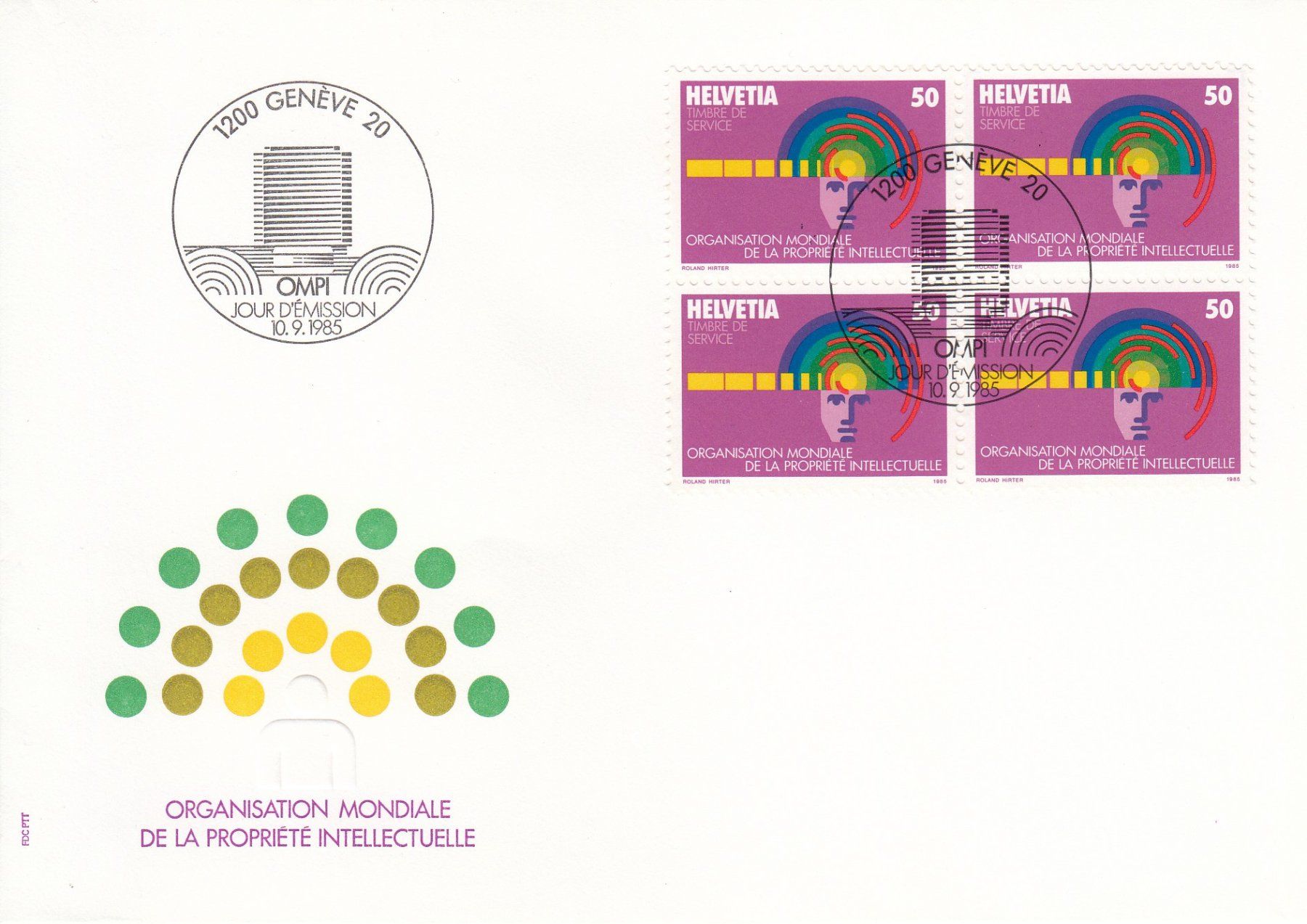 Tutti i francobolli: OMPI 1985 Weltorganisation geistiges Eigentum 2 FDC Genf – Usato da Spreitenbach venduto da Mustang_1105