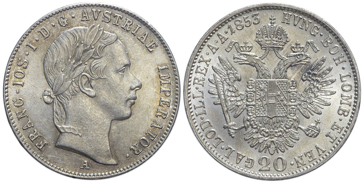 Tutti le monete: 20 Kreuzer 1853 A, Wien – Usato da Chiasso venduto da Novamarketing