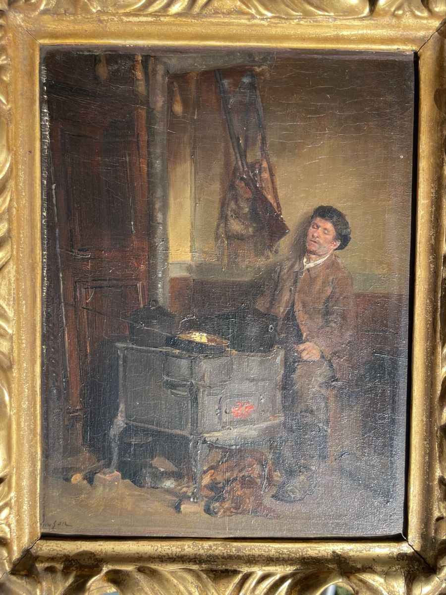 Dipinti: Grison huile chasseur et son chien  – Usato da Biel/Bienne venduto da Galaq