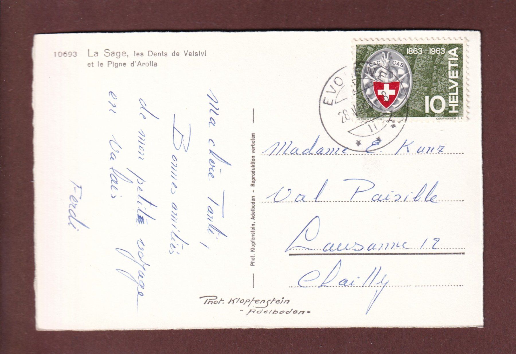 Cartoline postali: LA SAGE - Dents de Veisivi - 1963 – Usato da Pully venduto da nicecards 1