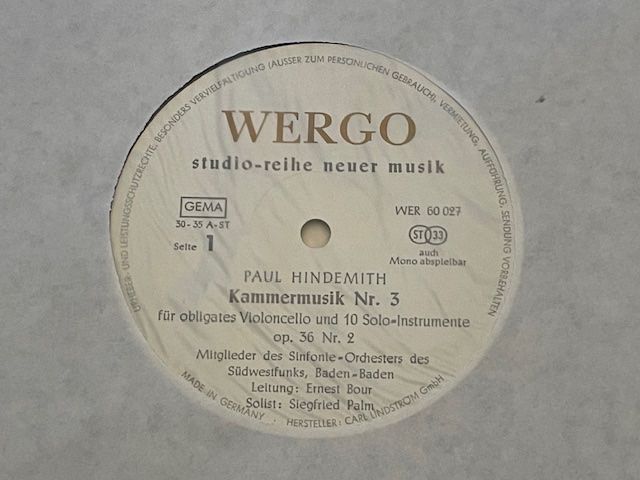 Vinyles: HINDEMITH: KAMMERMUSIK NR 3 - PALM / BOUR - WERGO – Neuf (Voir description) à Fahrwangen par Swirl2 2
