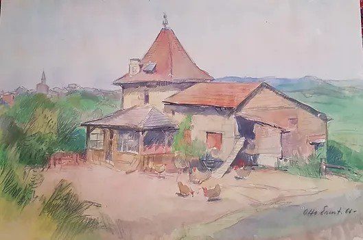 Gemälde: Titel: Ernst Karl Otto Aquarell Landschaft Haus 1966 – Neu (gemäss Beschreibung) aus zurich von ARTMYART