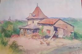 Titel: Ernst Karl Otto Aquarell Landschaft Haus 1966
