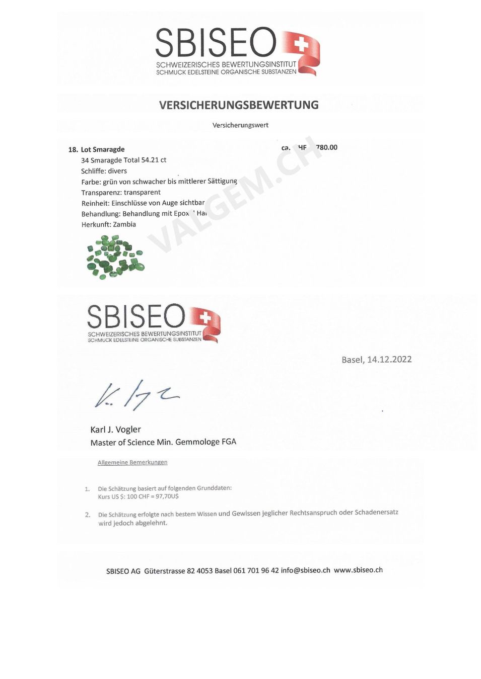 Edelsteine: 5x émeraudes 10.30 ct - CERTIFICAT 700.- Fr – Neu (gemäss Beschreibung) aus Grimisuat von Valgem 3
