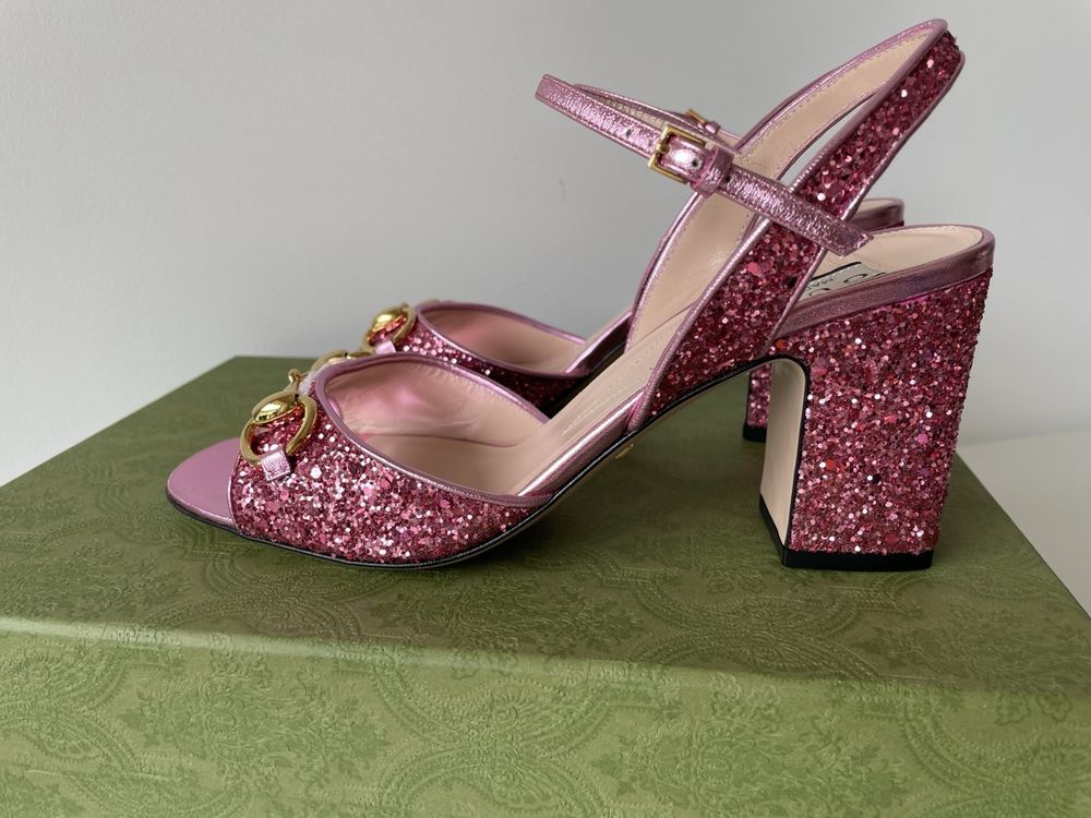 Neu! Gucci Horsebit Heeled Sandals Glitter Pink, 38 (Neu und