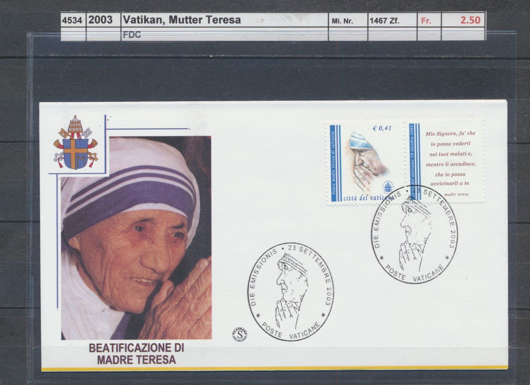 Tous les timbres: 2003 Vatikan, "Mutter Teresa", FDC – D'occasion à Winterthur par Zupogeru