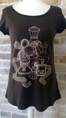 T-shirt marron & beige motifs parfums marque H&M, taille S