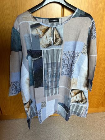 Bluse 50/52 Doris Streich 100% Leinen, blau/beige gemustert