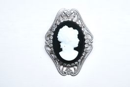 Vintage Brosche Kamee Dame schwarz-weiss Strass ca. 4,5 cm