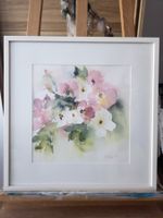 "ROSA BLUMEN" Aquarell, mit Passepartout und Rahmen.