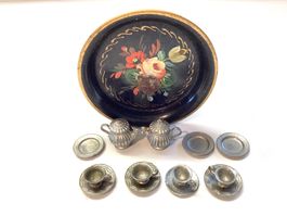 Miniatur Spielzeug Teeservice, Zinn mit Tablett, Puppenstube