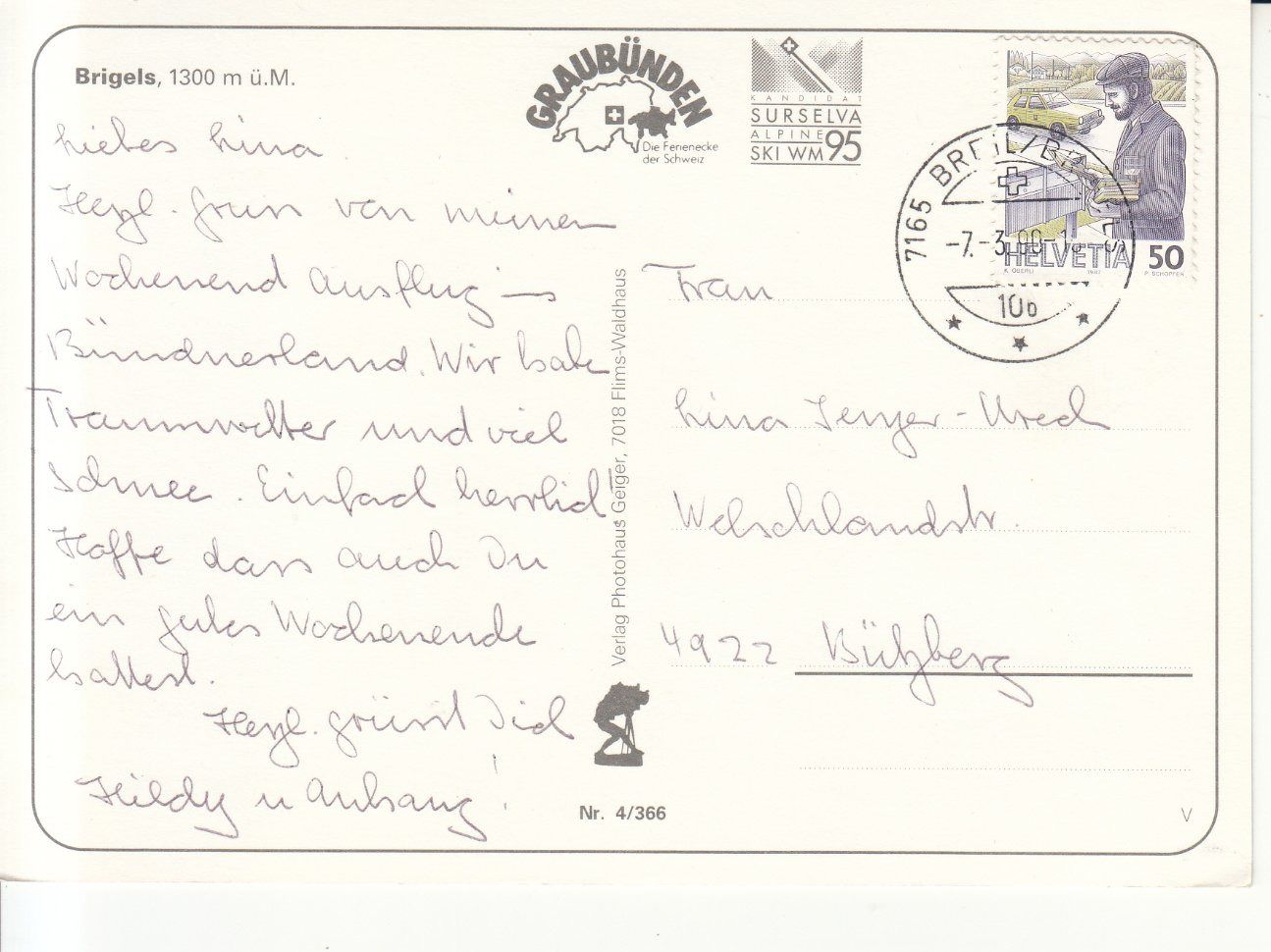 Cartoline postali: Brigels 1990 – Usato da Bürglen TG venduto da StampGraf 1