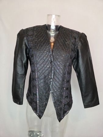 Vintage Leder-Pailletten-Jacke 80er - S