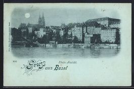 Mondschein-AK Basel, Ansicht vom Rhein a