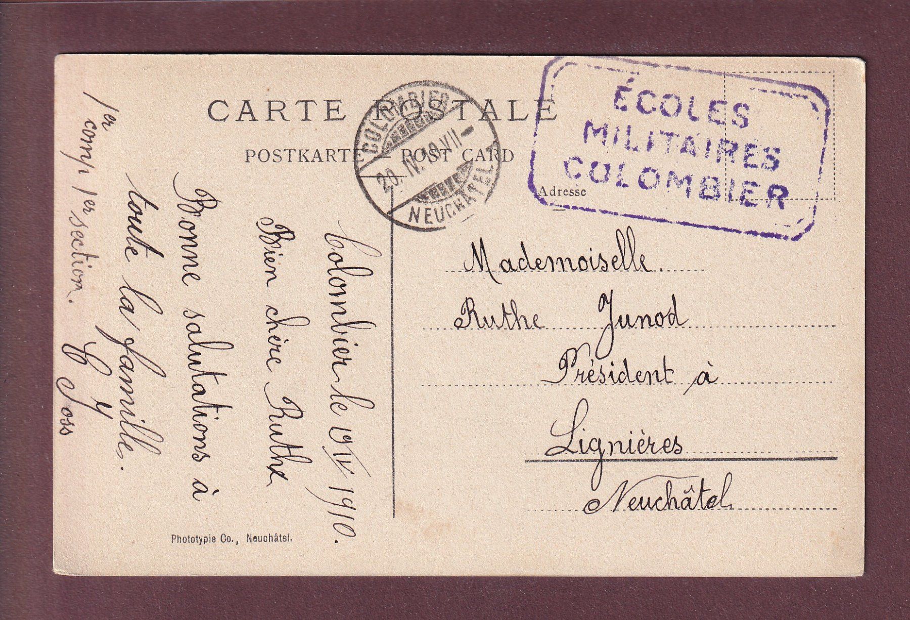 Cartoline postali: COLOMBIER - Cour de la Caserne - 1910 – Usato da Pully venduto da nicecards 1